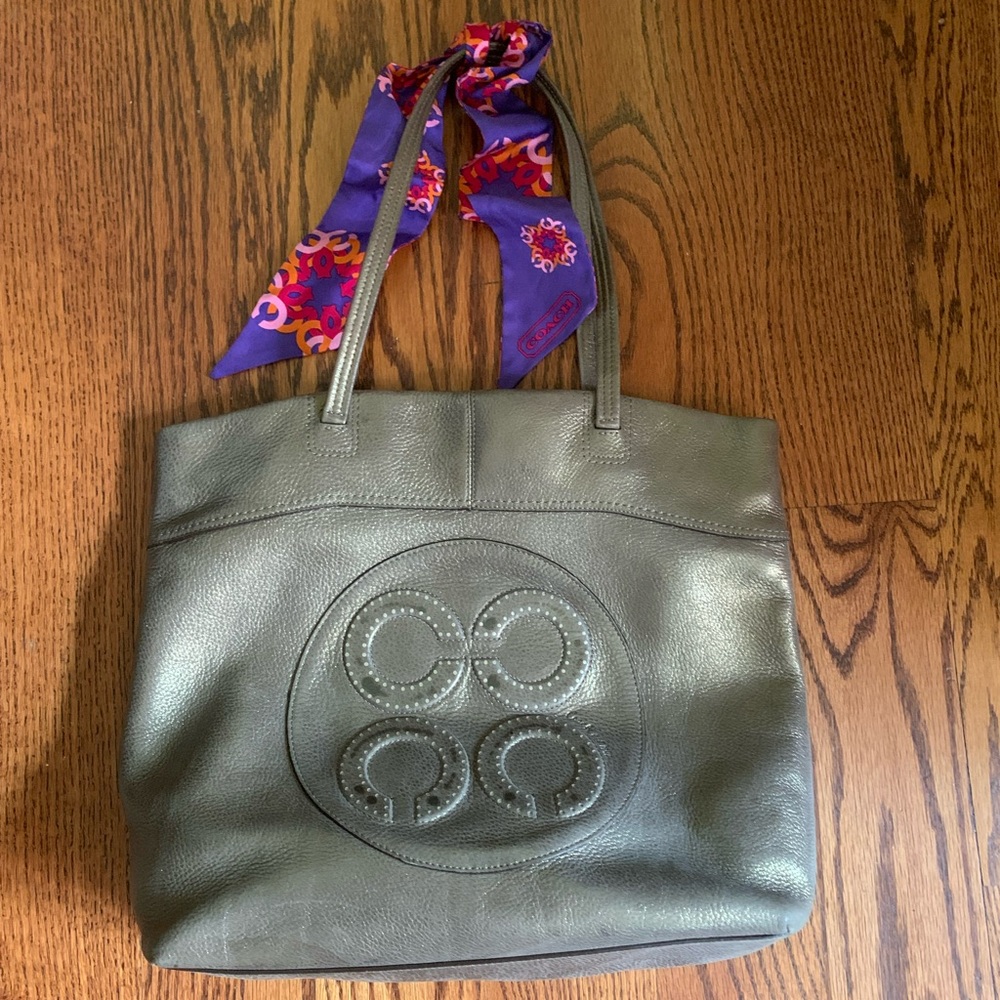 Coach metallic tote with a silk tie